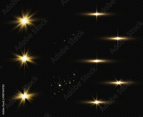 Light effects, glare, glitter, explosion, golden light, Vector illustration. shining golden stars.