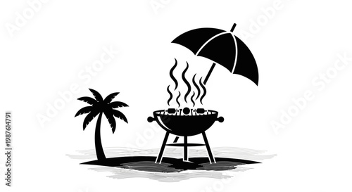 Grill with umbrella on beach.