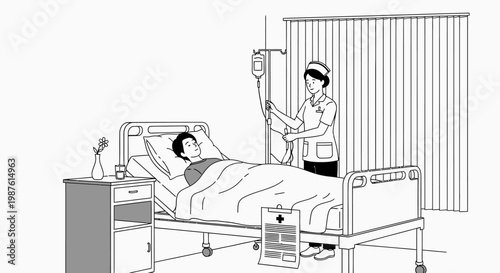 Medical illustration of nurse attending patient in hospital room setting