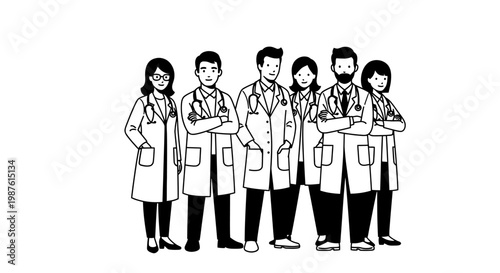 Medical professionals in white coats with stethoscopes isolated group illustration