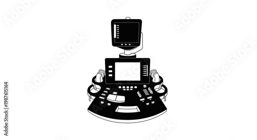 Medical ultrasound machine illustration black and white vector isolated on white