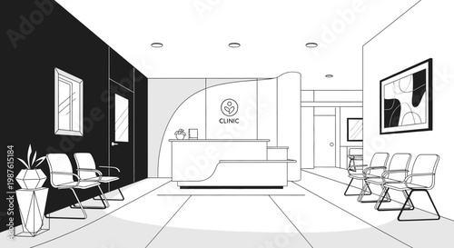 Modern clinic interior illustration waiting area with reception and chairs