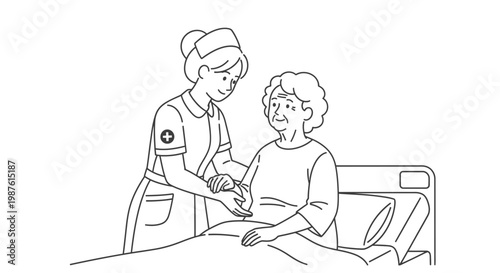 Nurse assisting an elderly woman in a hospital bed monochrome illustration