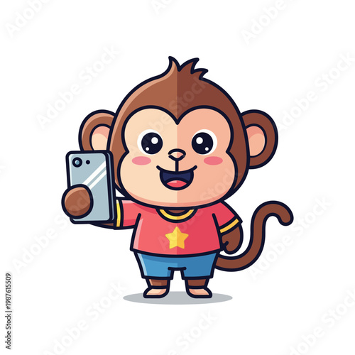 Cute cartoon monkey holding a smartphone and smiling.