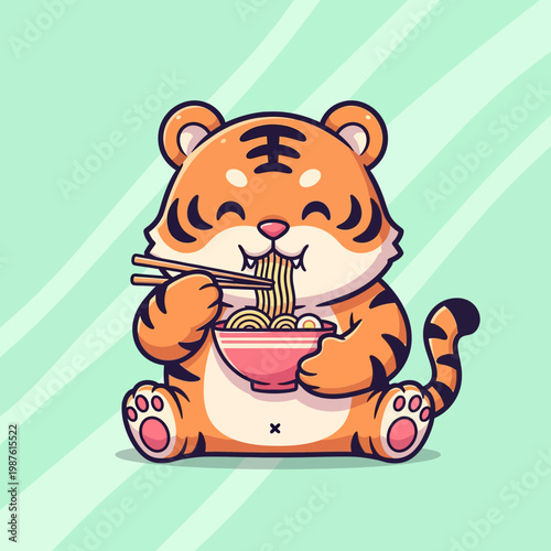 Cute Cartoon Tiger Enjoying a Delicious Bowl of Ramen Noodles.