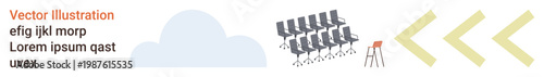 Leadership, teamwork, individuality, organization, decision-making, motivation. A row of identical chairs with one distinct red chair. Leadership and individuality visually
