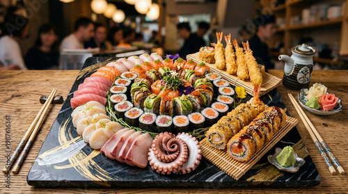 Sushi e salmão fresco com apresentação sofisticada da culinária japonesa