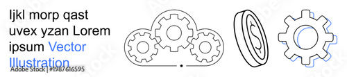 Engineering design, productivity, industry, technology, innovation, teamwork. Outlined cogs and a circular element positioned dynamically. Engineering design and productivity concepts visually