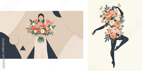 Abstract Woman Silhouette with Floral Bouquet Illustrations, Surreal Flower Body and Bride Graphic Vector Art