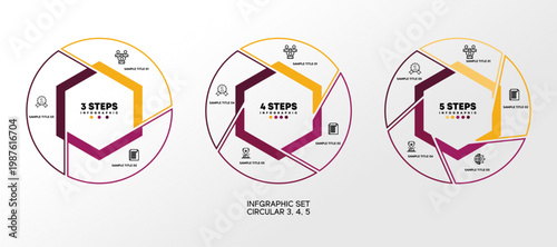 Vector chart infographic circle line 3, 4, 5 option step set with icon for business presentation, annual report, process, slide, poster, web. Editable vector illustration