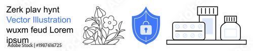 Cybersecurity, pharmacy, data protection, healthcare, natural remedies, medication safety. Flower blossoms, security shield medicine bottles and pills are . Cybersecurity and pharmacy