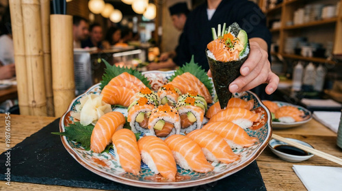 Sushi e salmão fresco com apresentação sofisticada da culinária japonesa