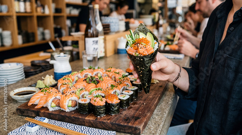 Sushi e salmão fresco com apresentação sofisticada da culinária japonesa