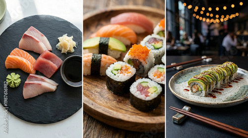 Sushi e salmão fresco com apresentação sofisticada da culinária japonesa