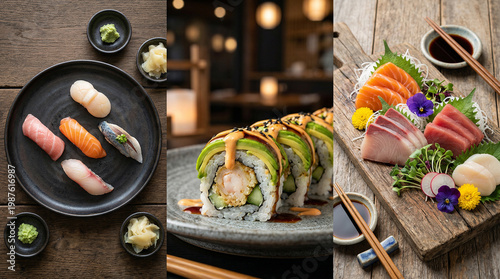 Sushi e salmão fresco com apresentação sofisticada da culinária japonesa