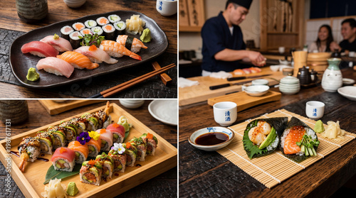 Sushi e salmão fresco com apresentação sofisticada da culinária japonesa