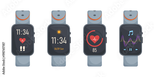 Set of smartwatches. Digital electronic gadgets. Vector illustration of wristwatches with app icons.