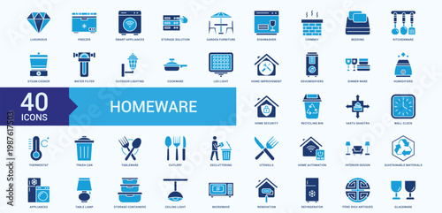 Howeware Icon Collection set Flat Blue with luxurious, freezer, smart appliances, storage solution, garden furniture