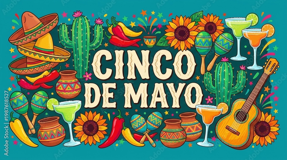 Obraz premium Colorful Cinco De Mayo Celebration Illustration With Cultural Elements