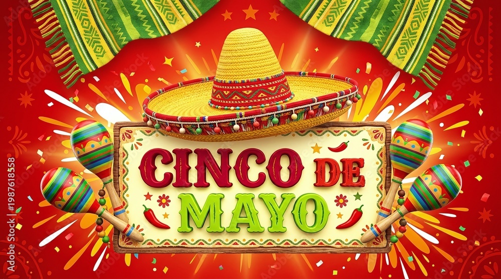 Obraz premium Colorful Cinco De Mayo Celebration Graphic Design With Sombrero And Maracas