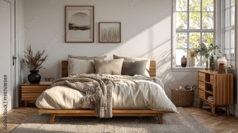 Fototapeta premium Soft minimalist bedroom with white walls, beige bedding and warm wooden furniture