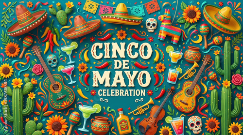 Colorful Cinco de Mayo celebration with sombreros flowers guitars and bright decorations
