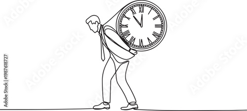 Continuous line illustration of businessman carrying a big clock on his back.one line drawing vector illustration