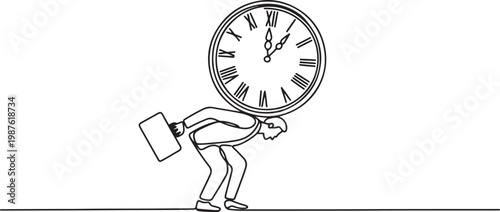Continuous line illustration of businessman carrying a big clock on his back.one line drawing vector illustration