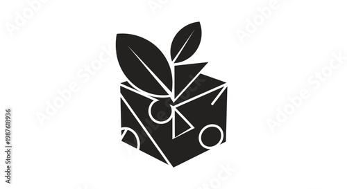 Black gift box with green leaves.