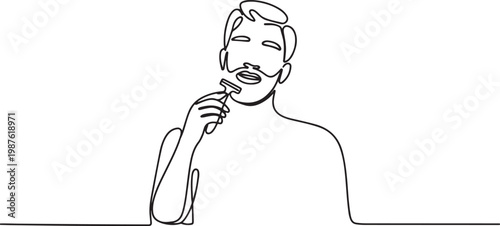Continuous line drawing of a man shaving his beard with a razor. Minimalist vector illustration in outline style, showing daily grooming