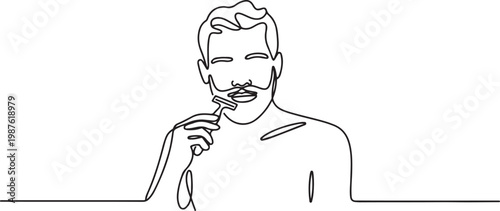 Continuous line drawing of a man shaving his beard with a razor. Minimalist vector illustration in outline style, showing daily grooming