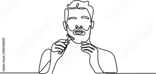 Continuous line drawing of a man shaving his beard with a razor. Minimalist vector illustration in outline style, showing daily grooming