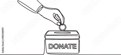 Continuous line drawing of a hand putting a coin into a charity donation box. One line drawing illustrating the act of giving, kindness, generosity.one line drawing vector illustration
