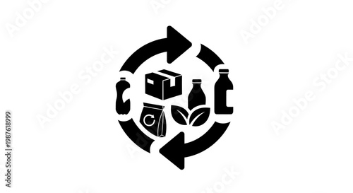 Recycling symbol with product icons.