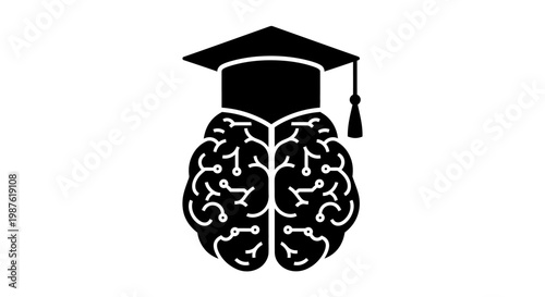 Graduation Cap on Brain Icon Symbol.
