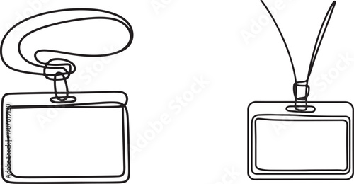 Minimalist continuous line drawing of a blank ID card hanging from a lanyard. Simple vector design representing identification, business access, employee badge.one line drawing vector illustration