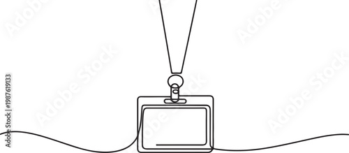 Minimalist continuous line drawing of a blank ID card hanging from a lanyard. Simple vector design representing identification, business access, employee badge.one line drawing vector illustration