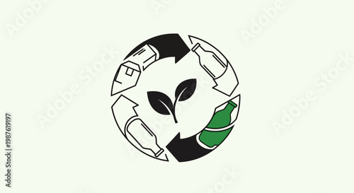 Recycling symbol with green leaf.