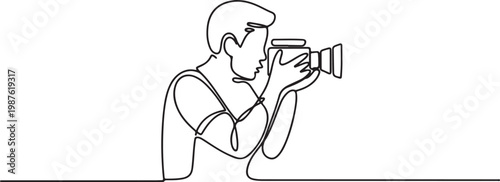 single continuous line of cameraman. single line of man with camera taking video, filming process ,film making.one line drawing vector illustration