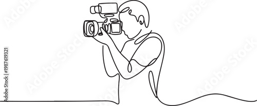 single continuous line of cameraman. single line of man with camera taking video, filming process ,film making.one line drawing vector illustration