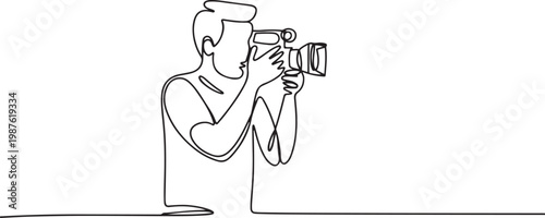 single continuous line of cameraman. single line of man with camera taking video, filming process ,film making.one line drawing vector illustration