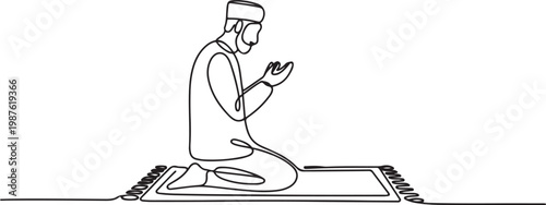 Continuous one line drawing of a Muslim man praying on a mat.faithful person raising hands in dua while sitting on a prayer rug.one line drawing vector illustration