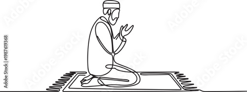 Continuous one line drawing of a Muslim man praying on a mat.faithful person raising hands in dua while sitting on a prayer rug.one line drawing vector illustration