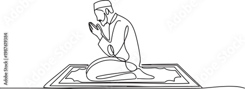 Continuous one line drawing of a Muslim man praying on a mat.faithful person raising hands in dua while sitting on a prayer rug.one line drawing vector illustration