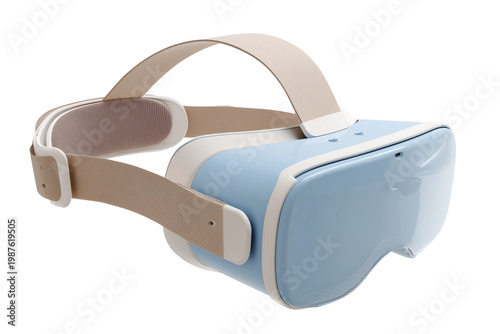 Modern virtual reality headset in blue and beige colors isolated on dark background, VR gaming concept
