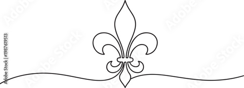 Continuous line drawing of a fleur-de-lis symbol. Minimalist illustration representing royalty, heritage, French culture, elegance, and classic.one line drawing vector illustration