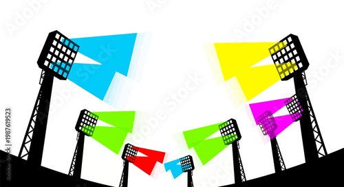 Colorful stadium floodlights on stands.