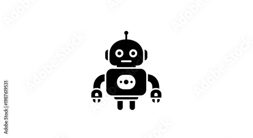 Black robot with white eyes standing.