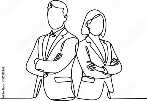 continuous line of business people man and woman.single line drawing portrait of man and woman standing folding hands.one line drawing vector illustration