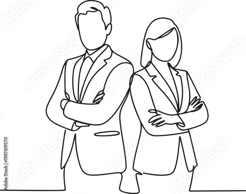 continuous line of business people man and woman.single line drawing portrait of man and woman standing folding hands.one line drawing vector illustration